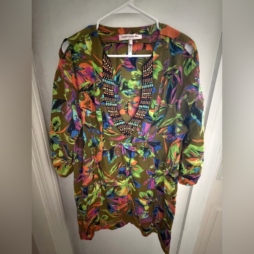 Nanette Lapore swim cover up beaded neon dress v neck size large